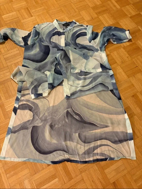 Light Blue Wave-Print Shirt Dress - Women - Picture 6 of 15